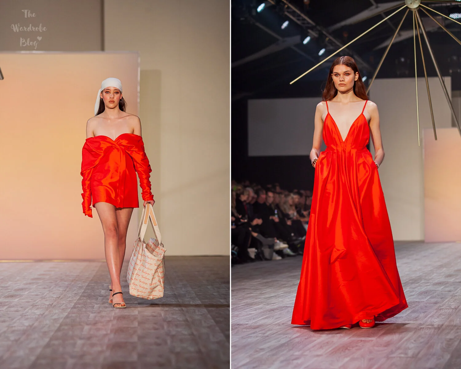 Vivid, startling colours like this fire engine red in crisp silk dresses with beautiful drapery.