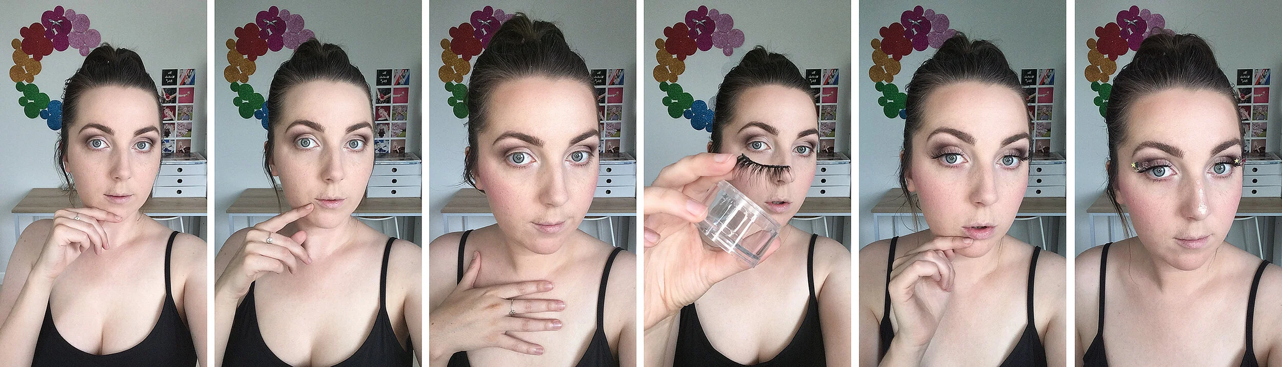 Darken the crease to your liking. Apply a bright blush, I used a hot pink. Then apply feathered lashes. Once the lashes are on use lash glue to apply a few sequins to the outer ends of both. Apply more liquid highlighter liberally on the nose and upper cheekbones, then apply sequins and glitter across the outer and upper parts of the face as you like! You can layer the glitter heavier or lighter as you prefer.