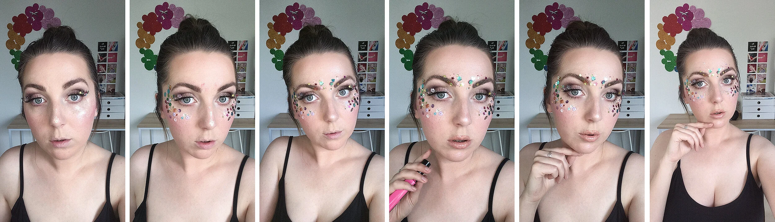 Finally, apply mascara to upper and lower lashes. Add nude lipcolour and smudge gently at the middle of both lips. Apply a clear lipgloss over the top, and you’re done!