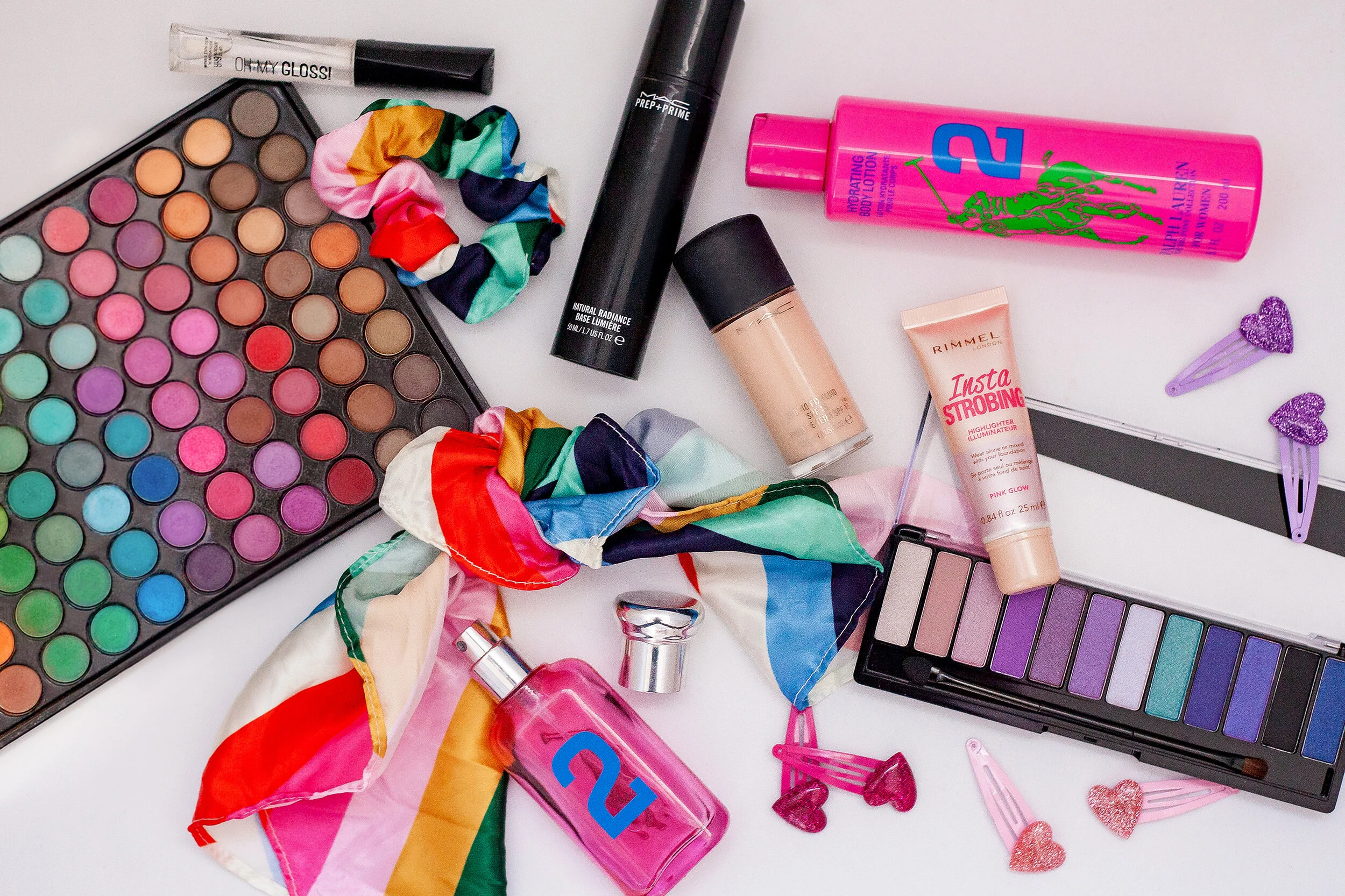 BH Cosmetics Palette, Scarf &amp; Scrunchie from Colette by Colette Hayman, Heart Clips from The Warehouse.