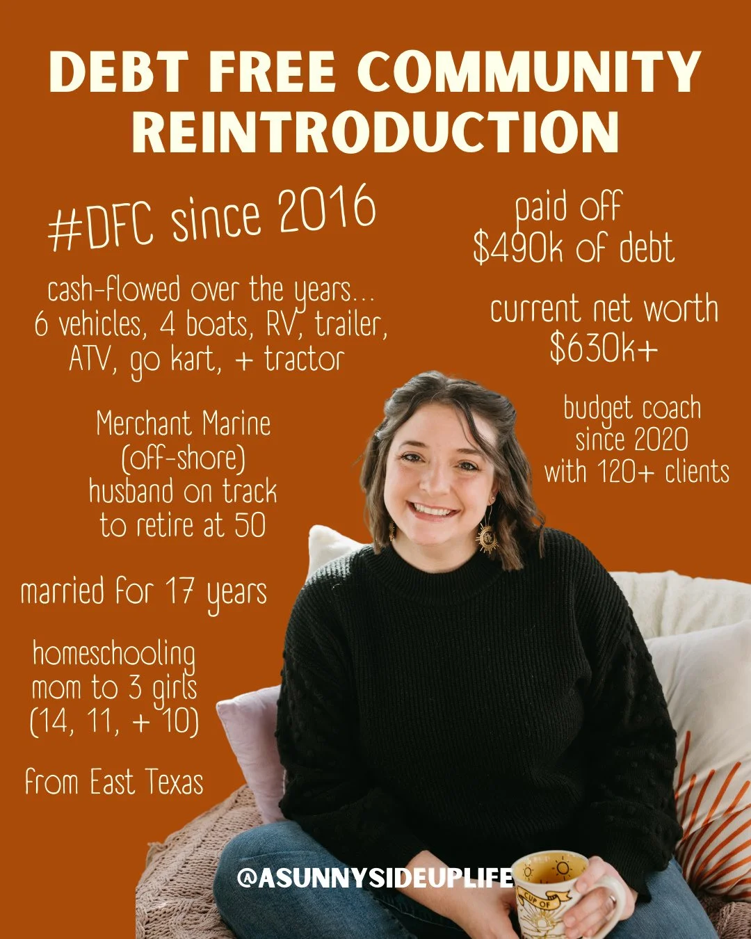 Hey, I'm Sami👋⁠
⁠
☀️ I've been sharing my family's debt-free journey on Instagram since 2016⁠
⁠
☀️ I've been working 1:1 with financial planning clients since 2020.⁠
⁠
☀️ We started our journey in 2015 with $490k of debt, living in a 3200 sq ft hous