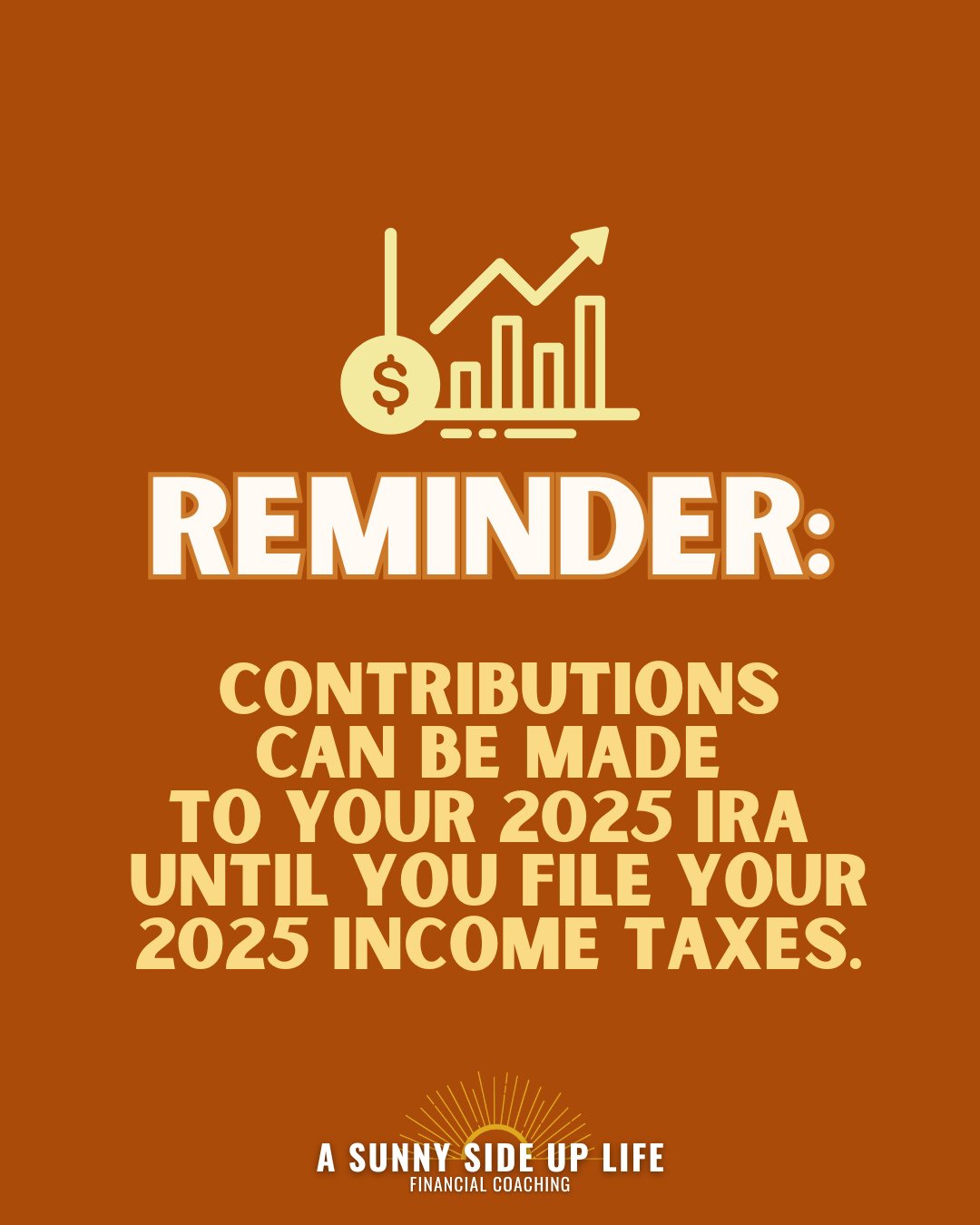 If you haven't maxed out your 2025 IRA yet, remember that you can still contribute to it until April 15th (or until you file your taxes)!⁠
⁠
The limits are: ⁠
2025: $7000 ($7,500 if you&rsquo;re age 50+) ⁠
2026: $7,500 ($8,600 if you&rsquo;re age 50+