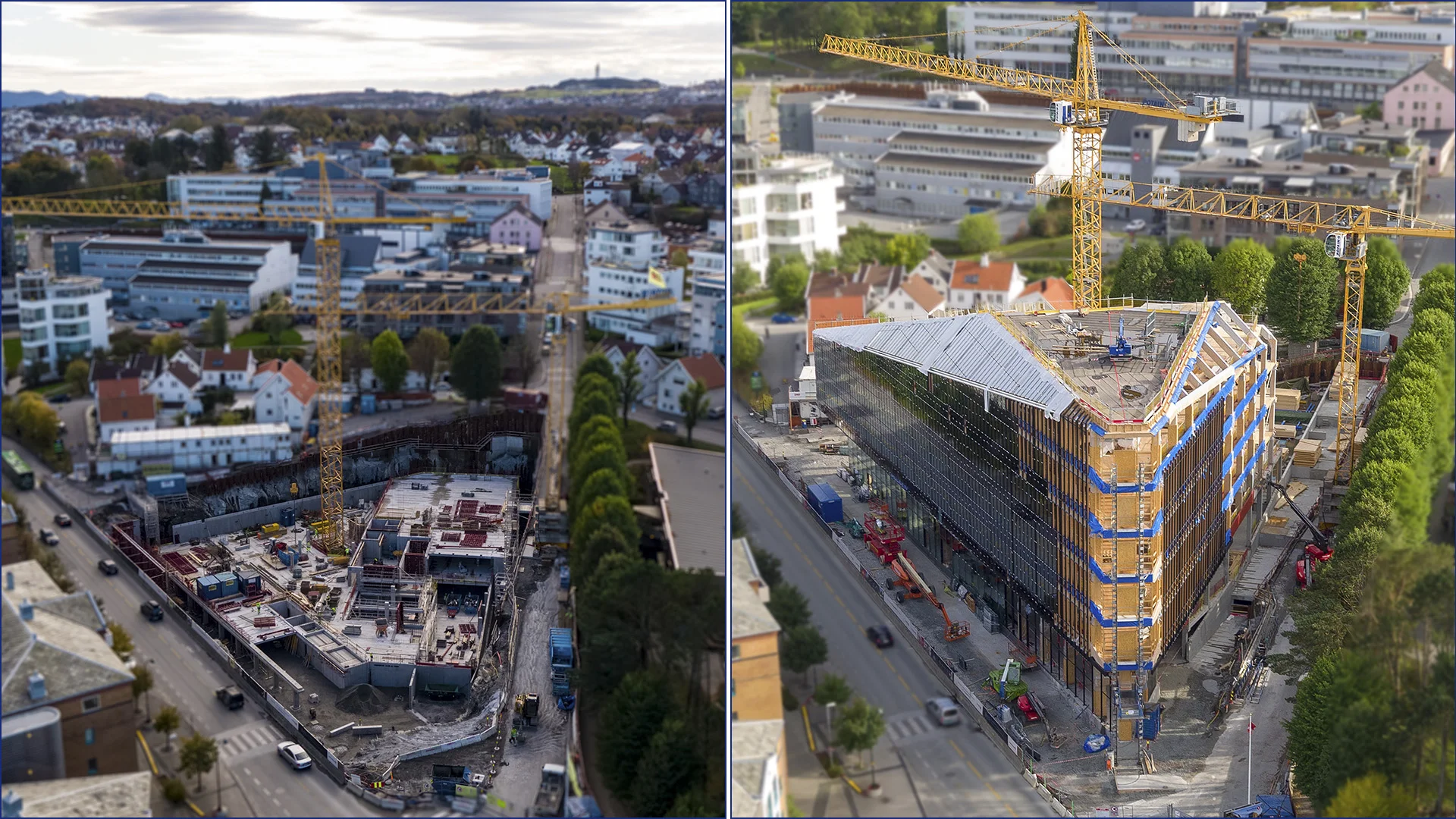 Bildene er tatt tirsdag 7. august 2018 (til høyre) og 27. oktober 2017 (til venstre). Foto: Aeroview/3D4D.no