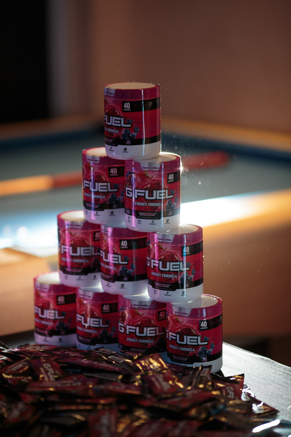 Stack of G Fuel at Hollywood Hills Party