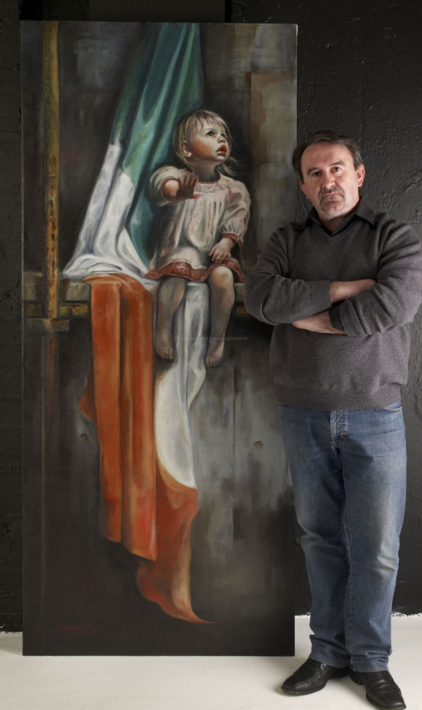 This photo (with the very serious artist!) shows the scale of the piece. I had the canvas made to 7′ x 3′ a size that the wonderful artist James Mc Neill Whistler use for a number of his paintings. I wanted to produce a series of 3 large paintings that I felt highlighted the problems my country was experiencing, and I felt Whistlers proportions created the ideal canvas size. The second of the series is underway with the third in planning. My goatee didn’t last (Mrs C didn’t approve!) and my smile returned.