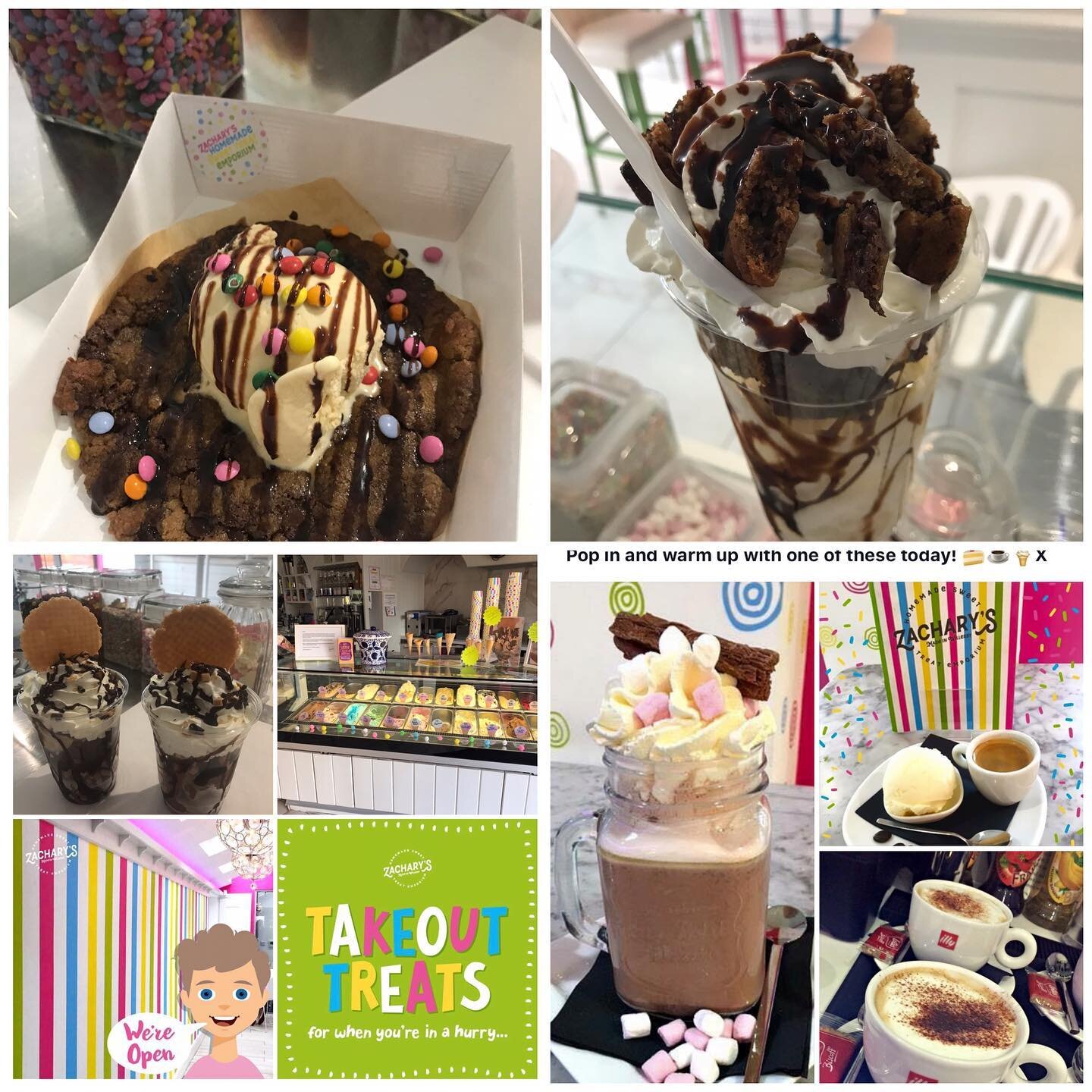 Zachary&rsquo;s is open today 11-5 for all your takeaway treats🍪🍦☕️🥤🍨xx