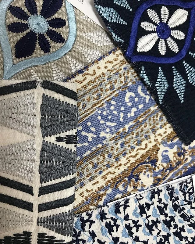 Pattern play with these embroidered indigos and cobalts #handembroidery #details #lushthis #whatwelove #wishlist #scattercushions #lampshades #bedheads #interiorinspiration #interiordecorating #interiordesign #brisbanebusiness #brisbanedesign #sohointeriors