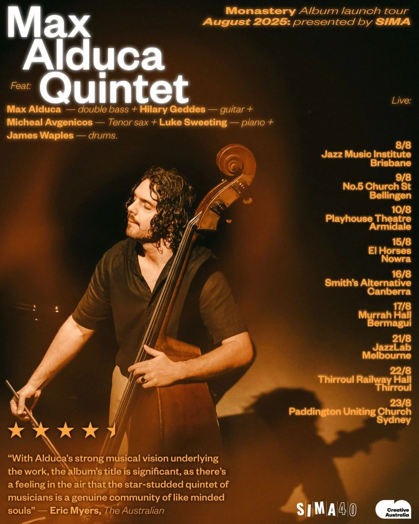Sydney based double bassist and composer Max Alduca currently touring his latest album &lsquo;Monastery&rsquo;, which was released on Earshift Music earlier this year!

Monastery draws inspiration from a personal journey through music and spiritualit