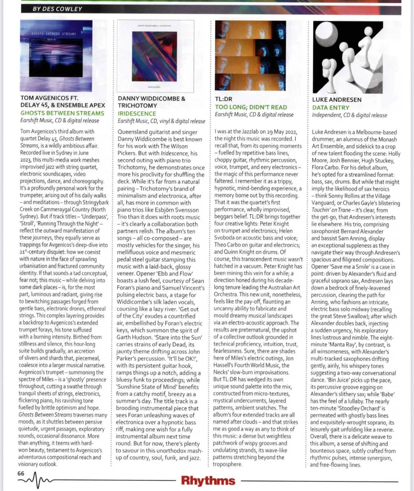 Thank you to Des Cowley for his recent reviews of three Earshift Music releases in the Rhythms Magazine September Edition!

You can listen to Ghosts Between Streams, Iridescence and Too Long; Didn&rsquo;t Read on all streaming services and via our ba