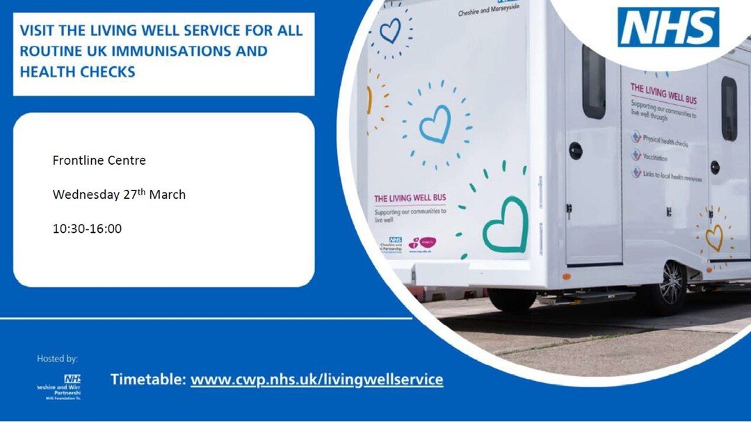 We're looking forward to having the Living Well Bus here on Wednesday 27th March from 10.30am til 4pm. This is free and open to all ages. 

The service operates on a drop in basis and provides flu immunisations, health checks and wider wellbeing guid