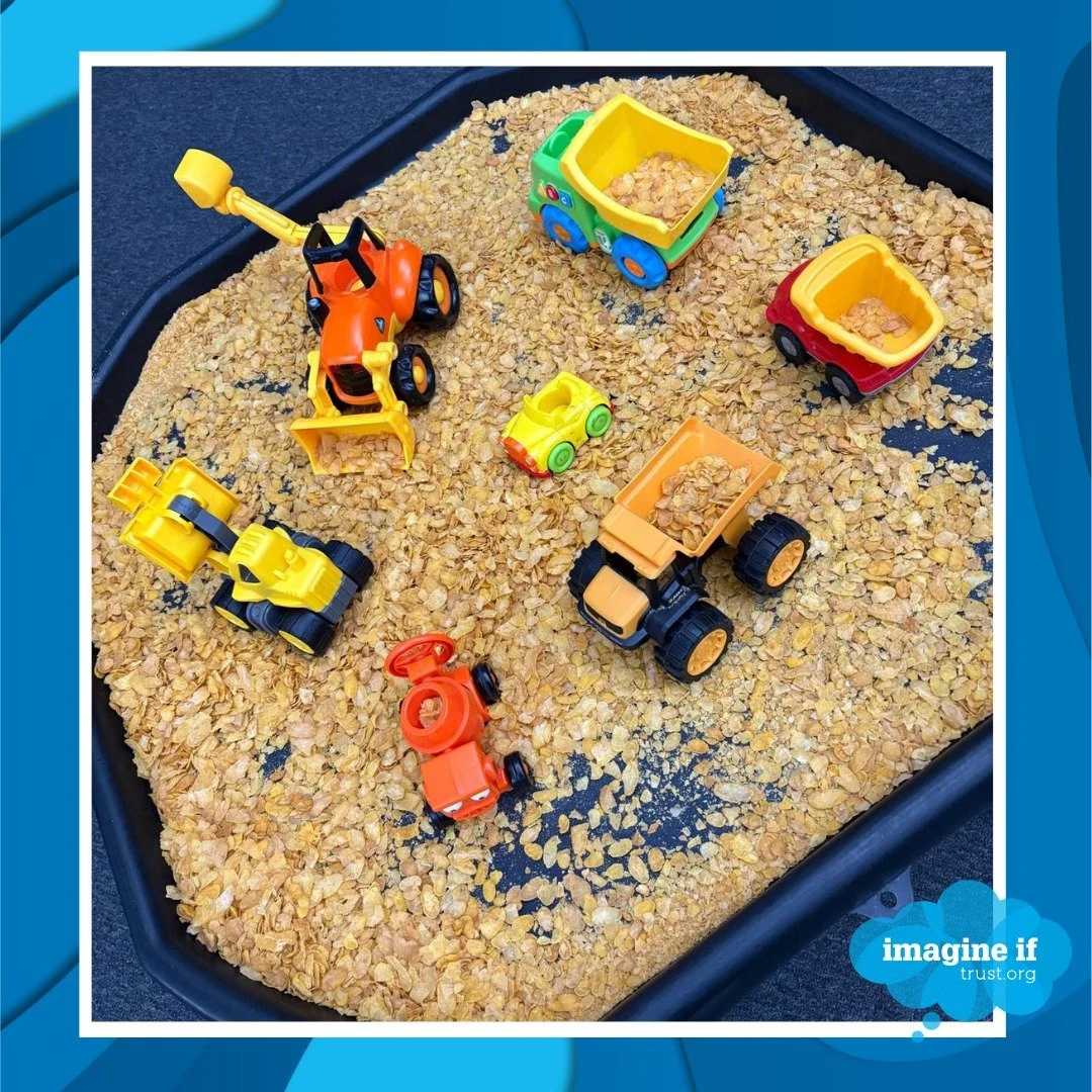 We had lots of fun at our sensory table this week in @sticky_fingersl15 🚛

This week we had the diggers in the cornflakes and the children absolutely loved it!

Swipe to the end to see the aftermath 😂

#imagineiftrust #communityimpact #stickyfinger