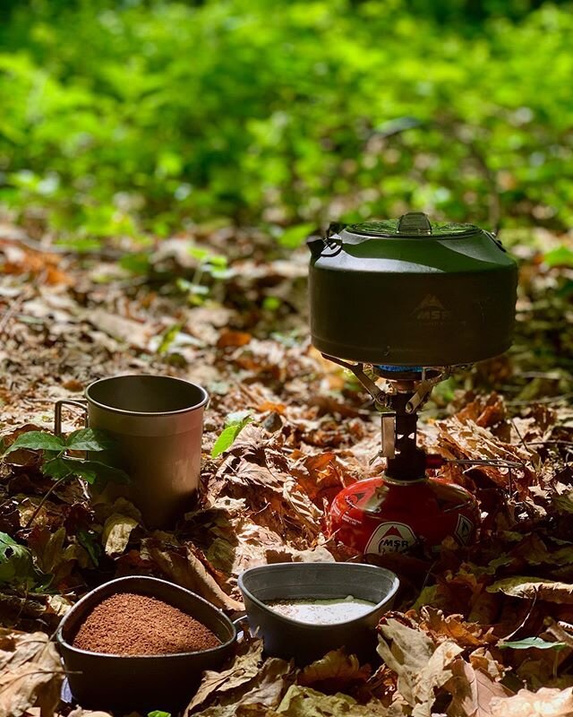 Nordic style cowboy coffee this morning in the forest. Ground coffee, cardamom and sugar brought to the boil then allowed to settle. @msr_gear