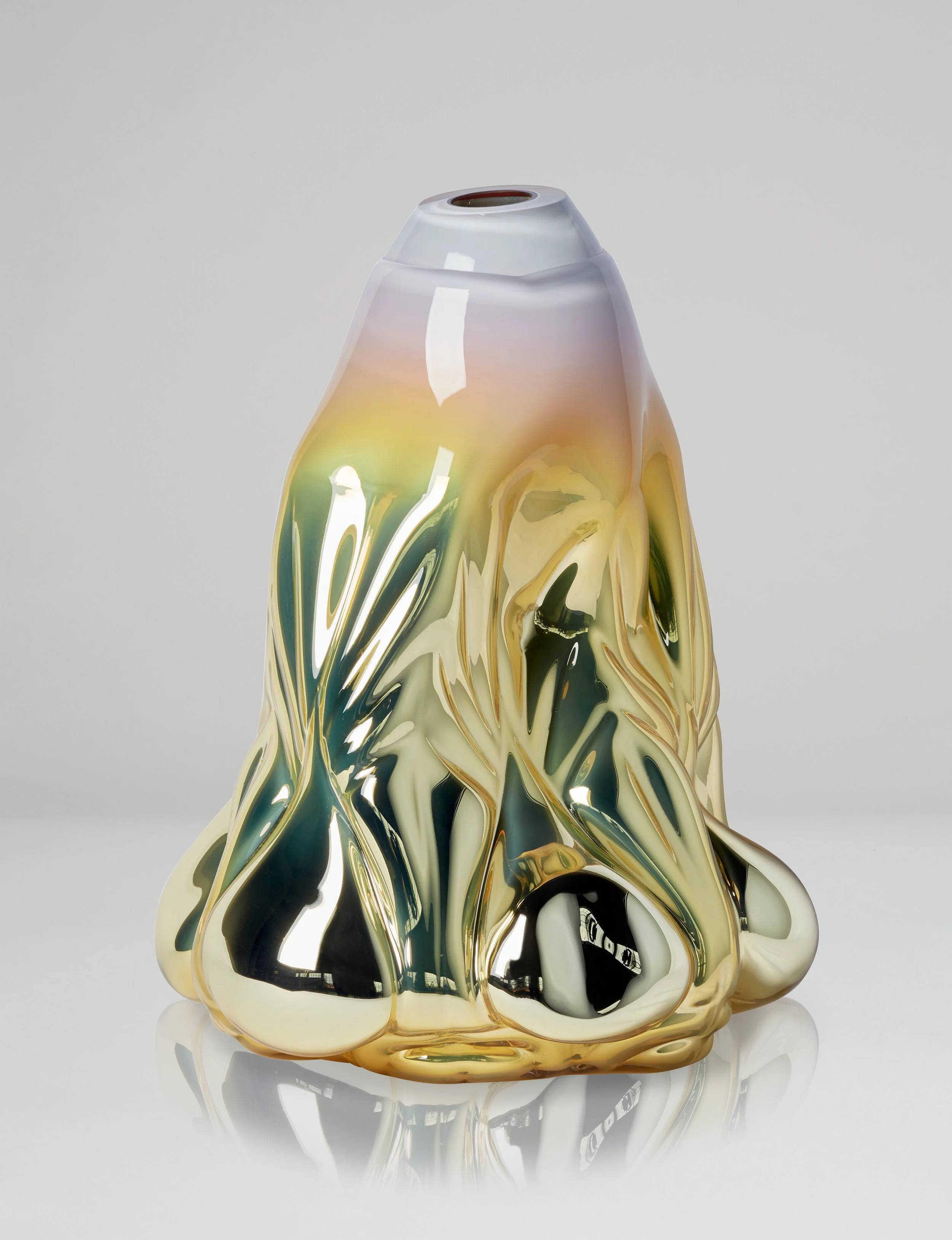 Dripping Print, soft yellow metallic. 2018. Boda Glasbruk. Shape-blown glass, mirror foiled. 50 cm x 37 cm. Edition 1 + 2 AP