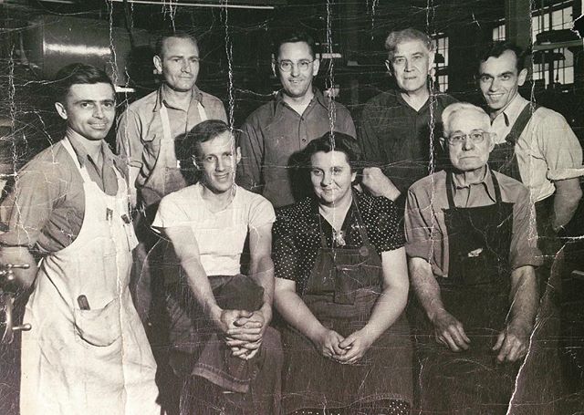 My great-great grandfather Henry Selby Beeney and his co-workers at the Eagle Signal factory in Moline Illinois c. 1940.