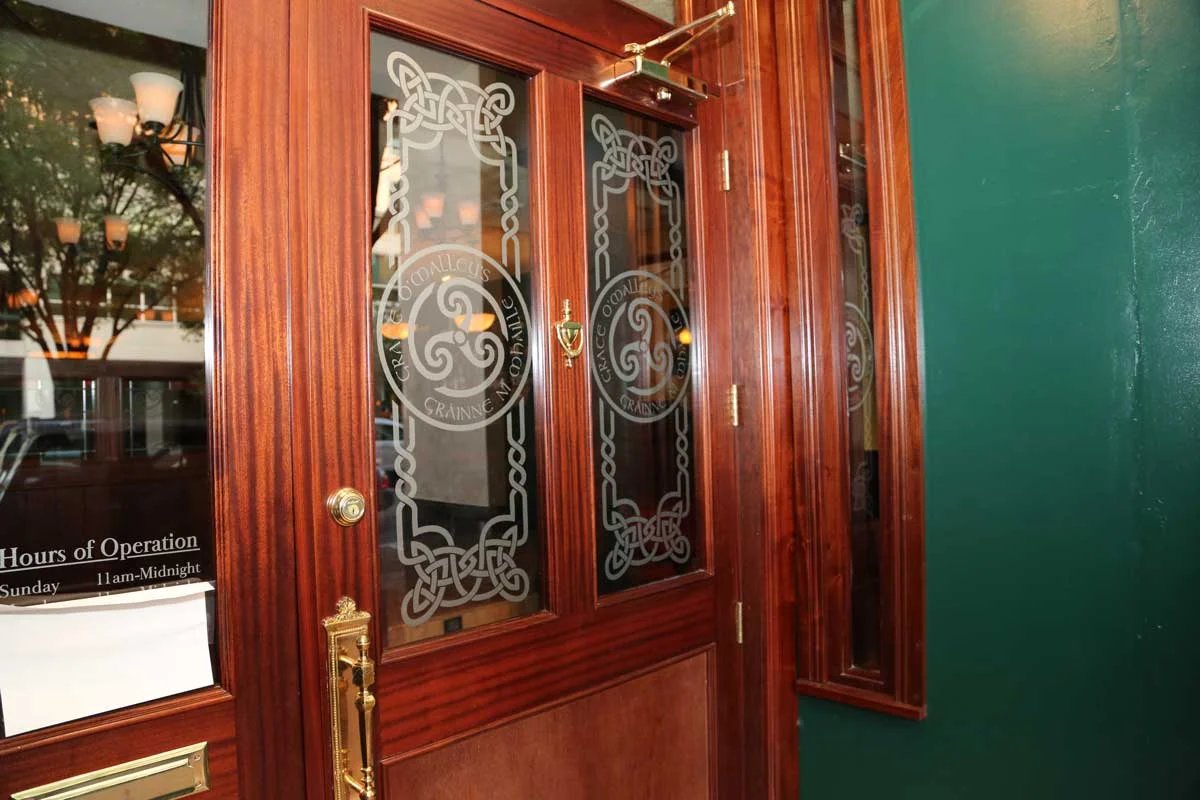 Grace O'Malley's authentic Irish pub doors with celtic decoration