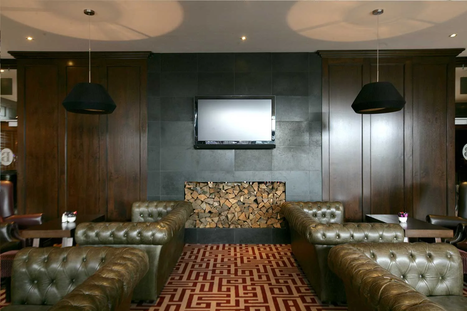 Bewley's Hotel Bar design - Interior seating area, lobby style with dark wood&nbsp;