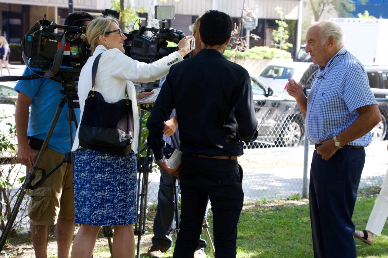 CTV-Montreal journalist Caroline van Vlaardingen interviewing Harry at Dawson College, 2017