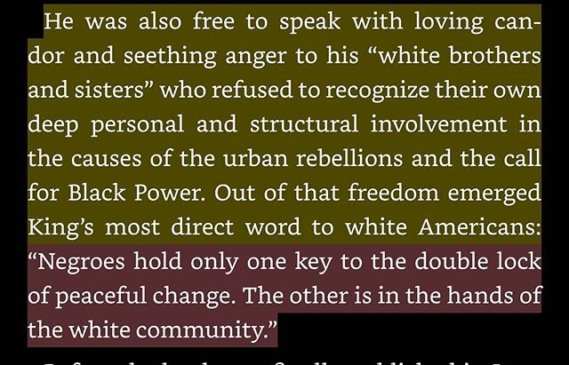 MLK - &ldquo;Negroes hold only one key to the double lock of peaceful change. The other is in the hands of the white community.&rdquo;
- Where Do We Go From Here : Chaos or Community