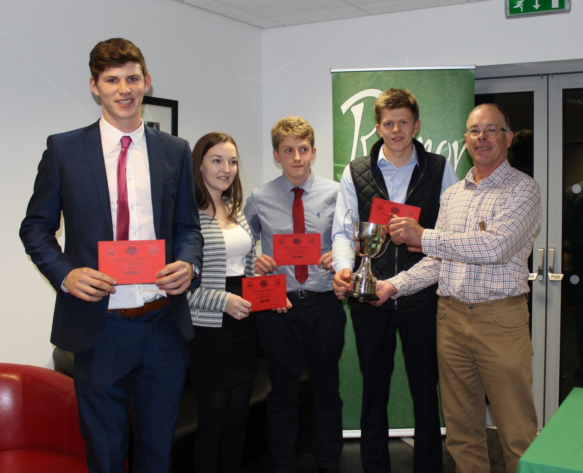 1st in the Intermediate Brainstrust Will Lewis, Rhian Griffiths, Rupert Owen & Ben Owen with Judge Mr Ifor Humpreys.
