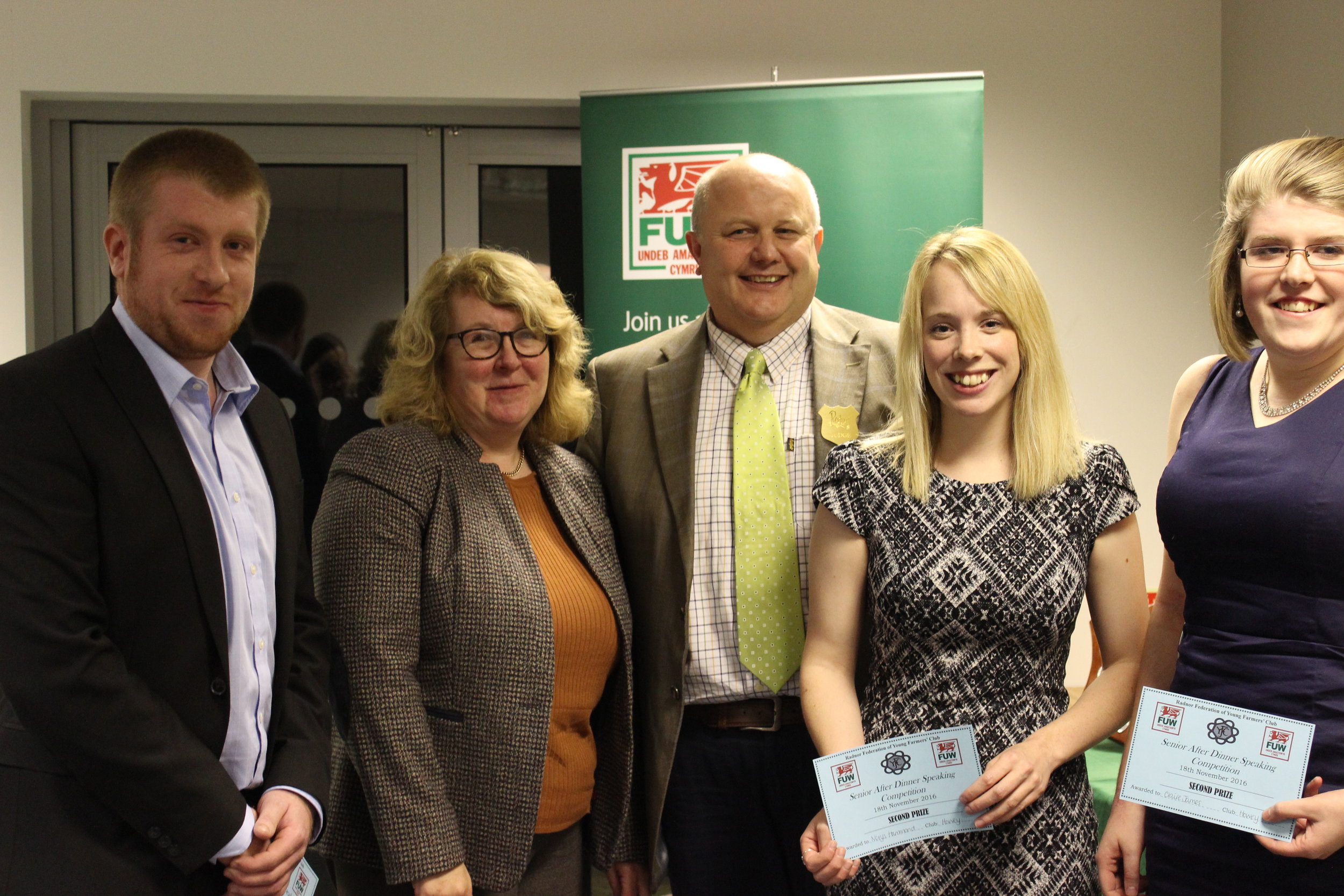 2nd Place in After Dinner Speaking John James, Nerys Hammond, Clare James Howey YFC with judges Stuart & Karen Anthony.