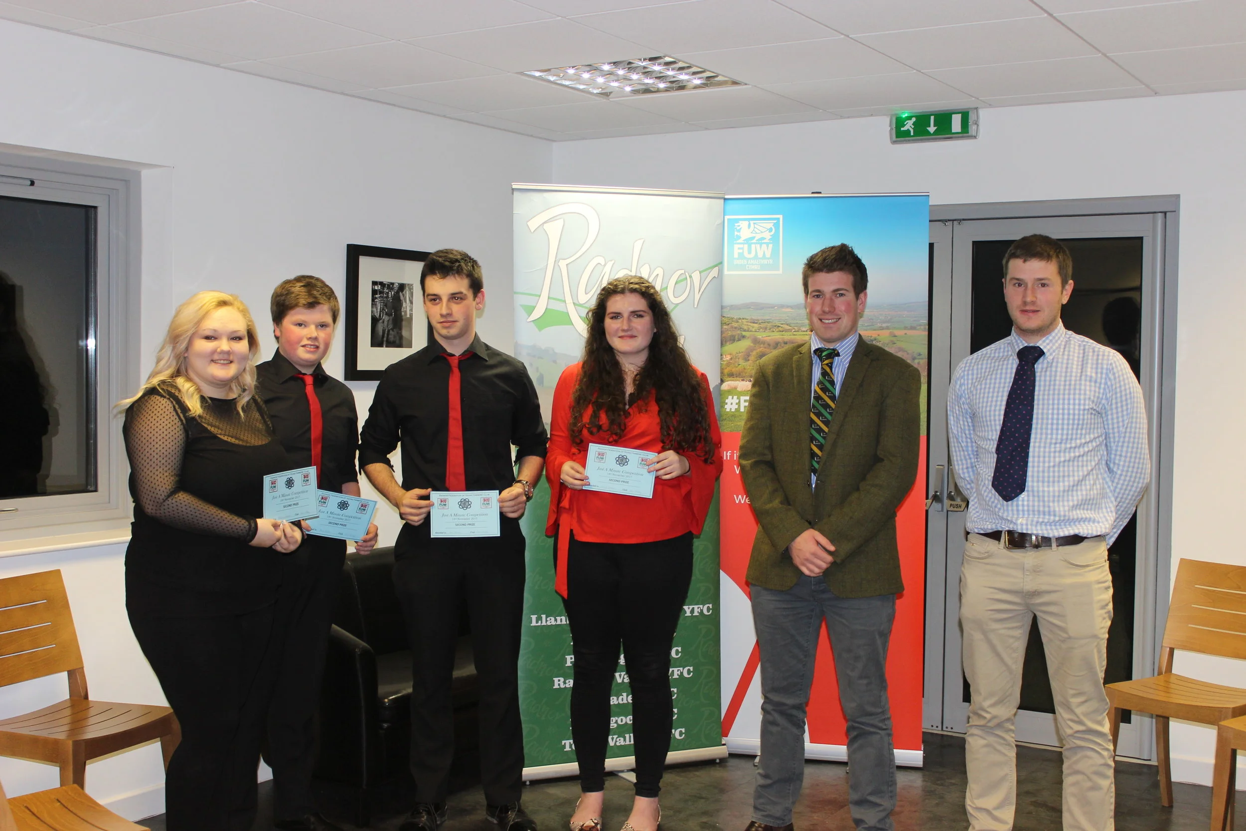 Rebecca Williams, Mark Nixon, William Davies & Lou Lou Mitchell, Edw Valley YFC with judges Joe Williams & Mark Hanson coming 2nd in the Just A Minute competition.
