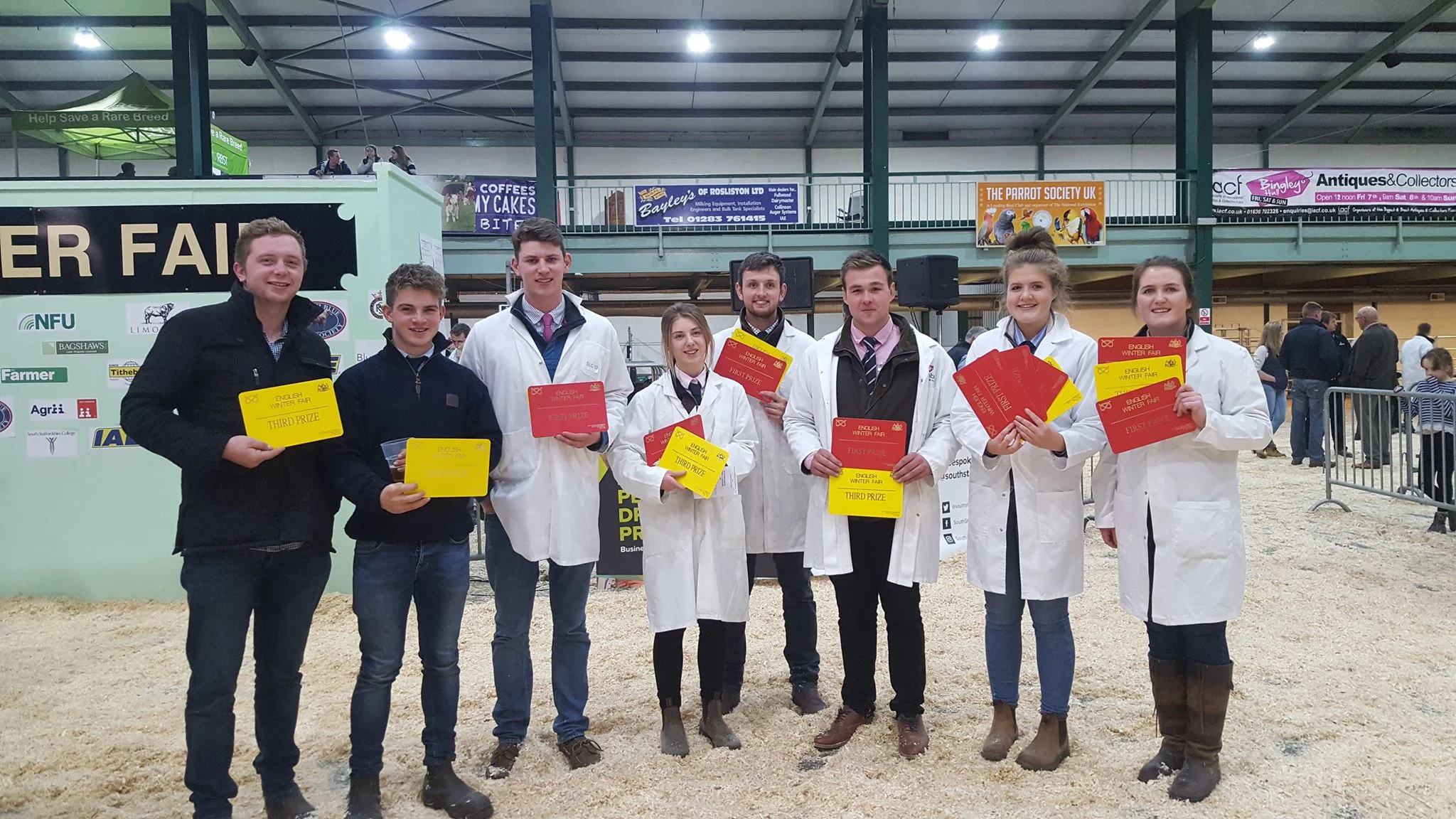 Thomas Lloyd, Aeron Powell, Will Lewis, Elizabeth Swancott, James Nixon, George Morgan, Gemma Price & Ella Harris with their prize cards at English Winter Fair Stafford.