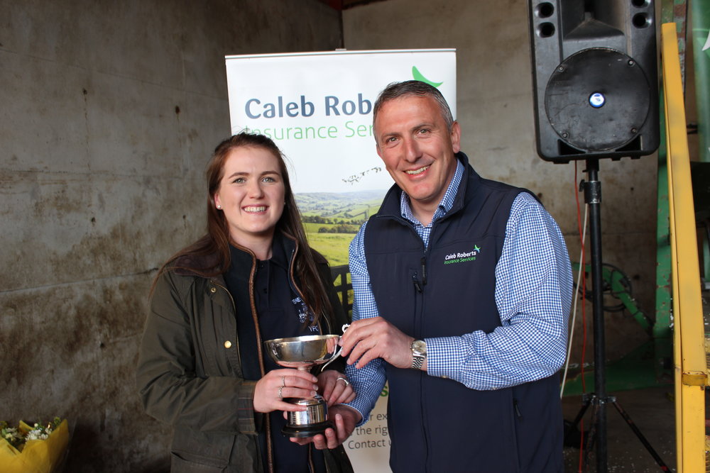 Ella Harris, Teme Valley YFC - Glenda Lawrence Cup for the Promotional Sign being presented by Hugh Campbell, Caleb Roberts.