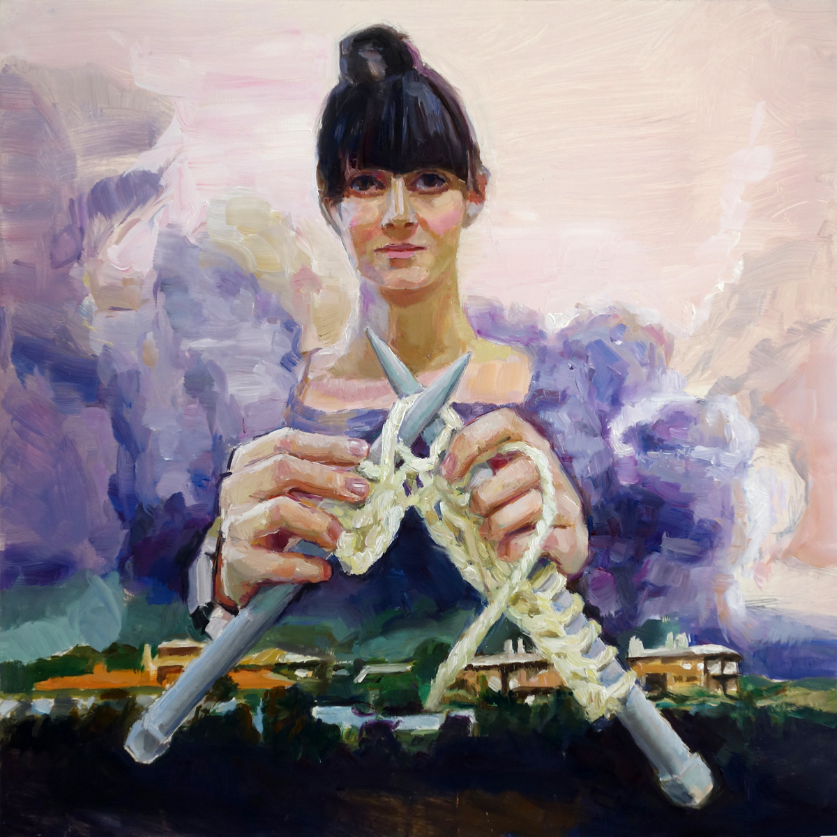 'Victory Knitter' 40x40 cm, oil on wood panel