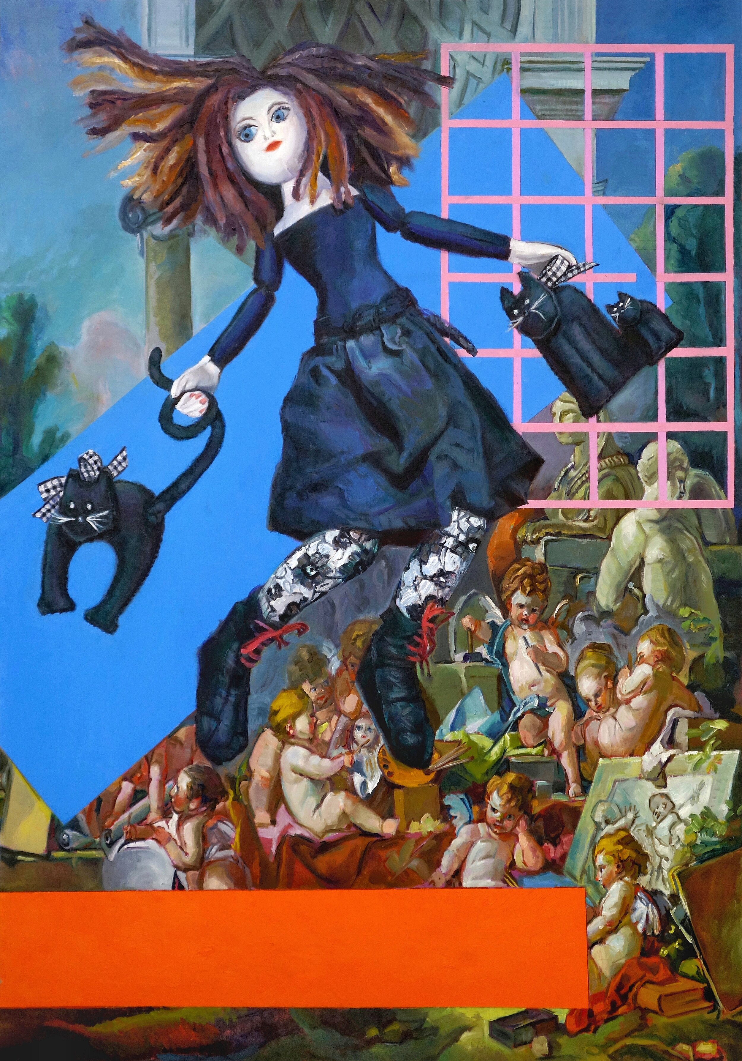 'Alice and her cats make their escape'  200x140 cm, oil on linen, 2021 (private collection) 
