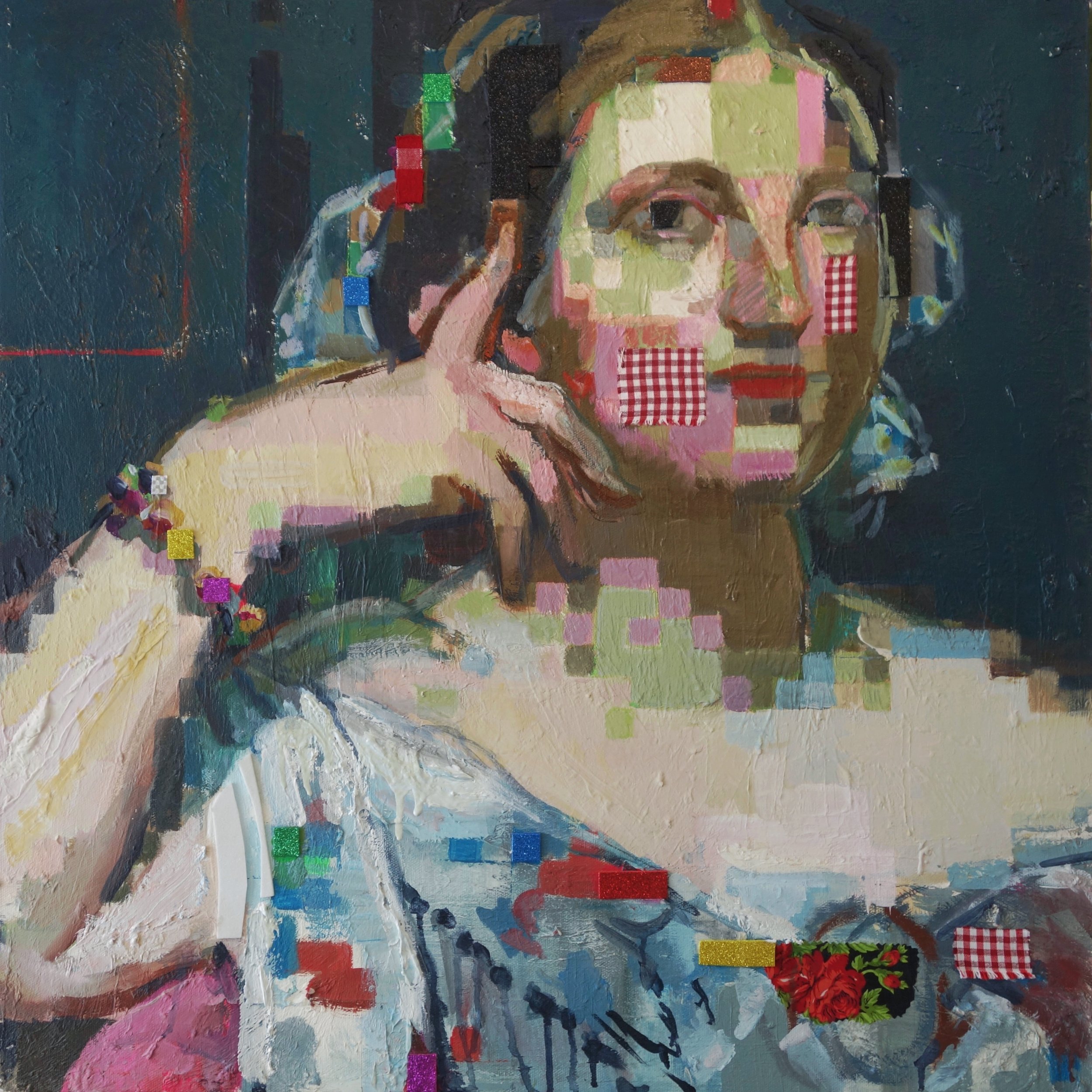 'Facing the Facts (after Ingres)' 80x80 cm, Flashe, oil and mixed media on linen, 2023