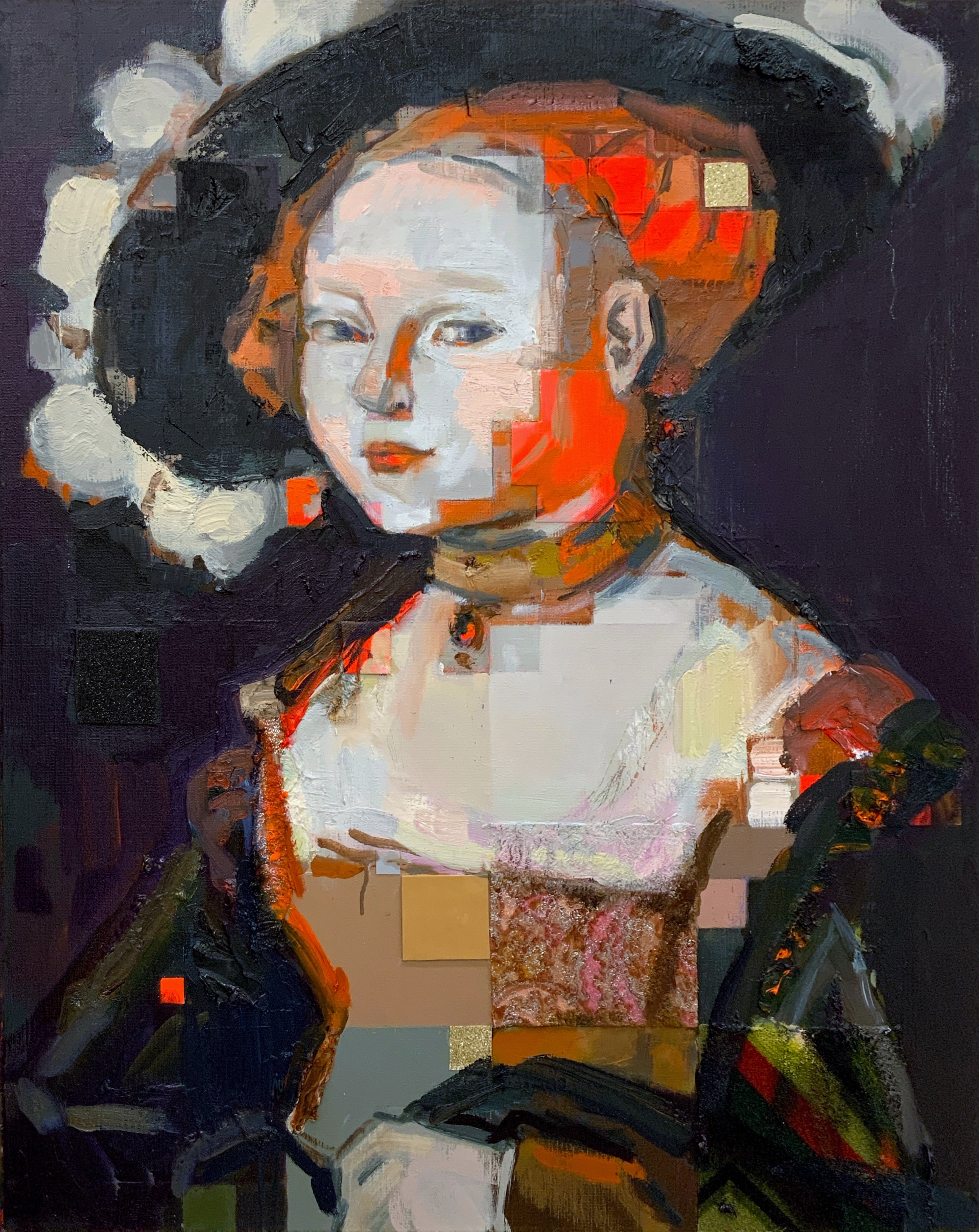 'Hi-Vis lady (after Hans Baldung Grien)' 81x65cm, Oil, Flashe, glitter, reflective tape, and fabric on linen, 2024