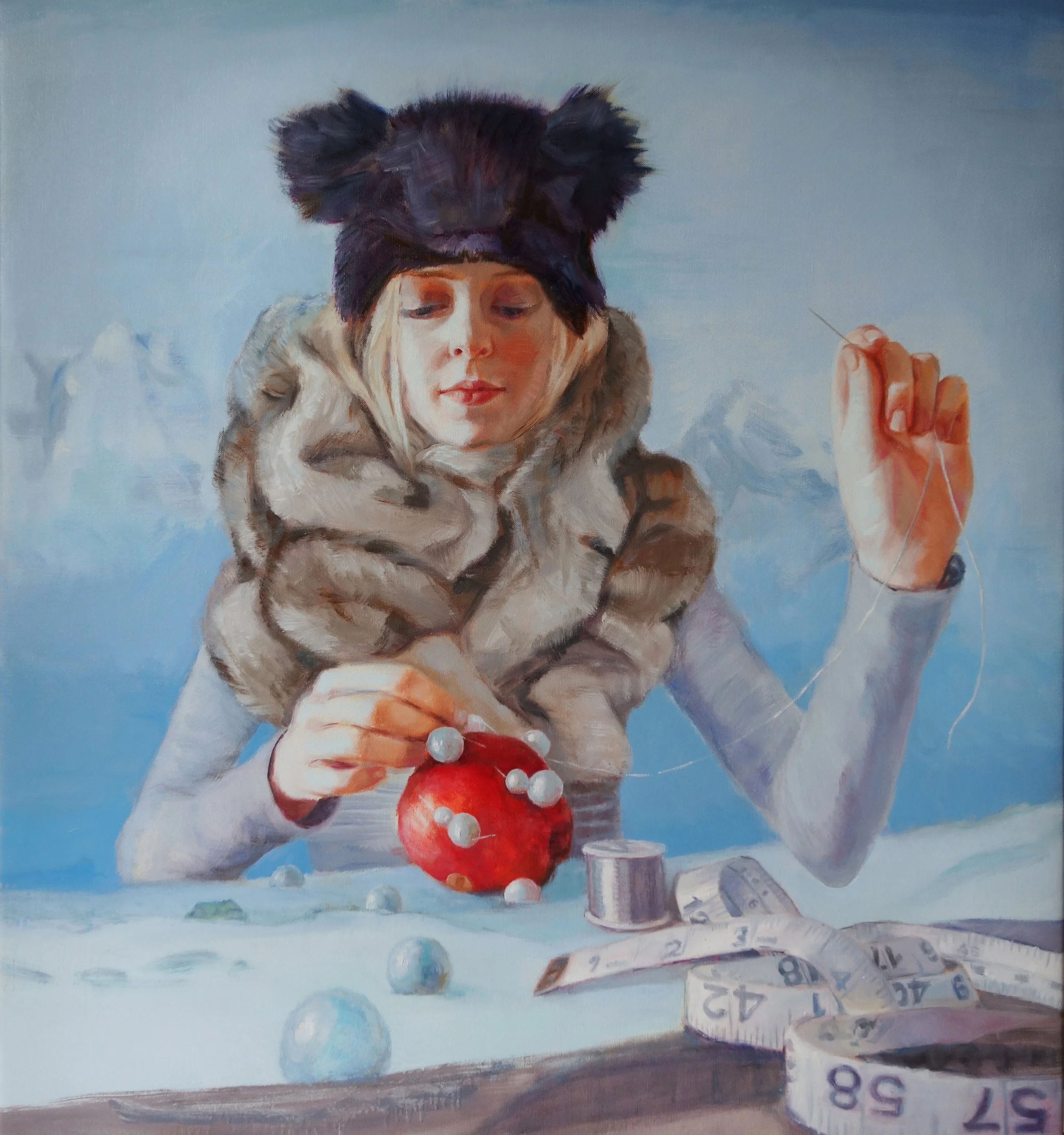  “She finally had time for a little embroidery’ 160×150 cm, oil on linen (private collection, Germany)  
