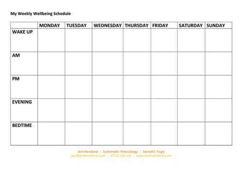 Weekly wellbeing schedule Jeni Howland