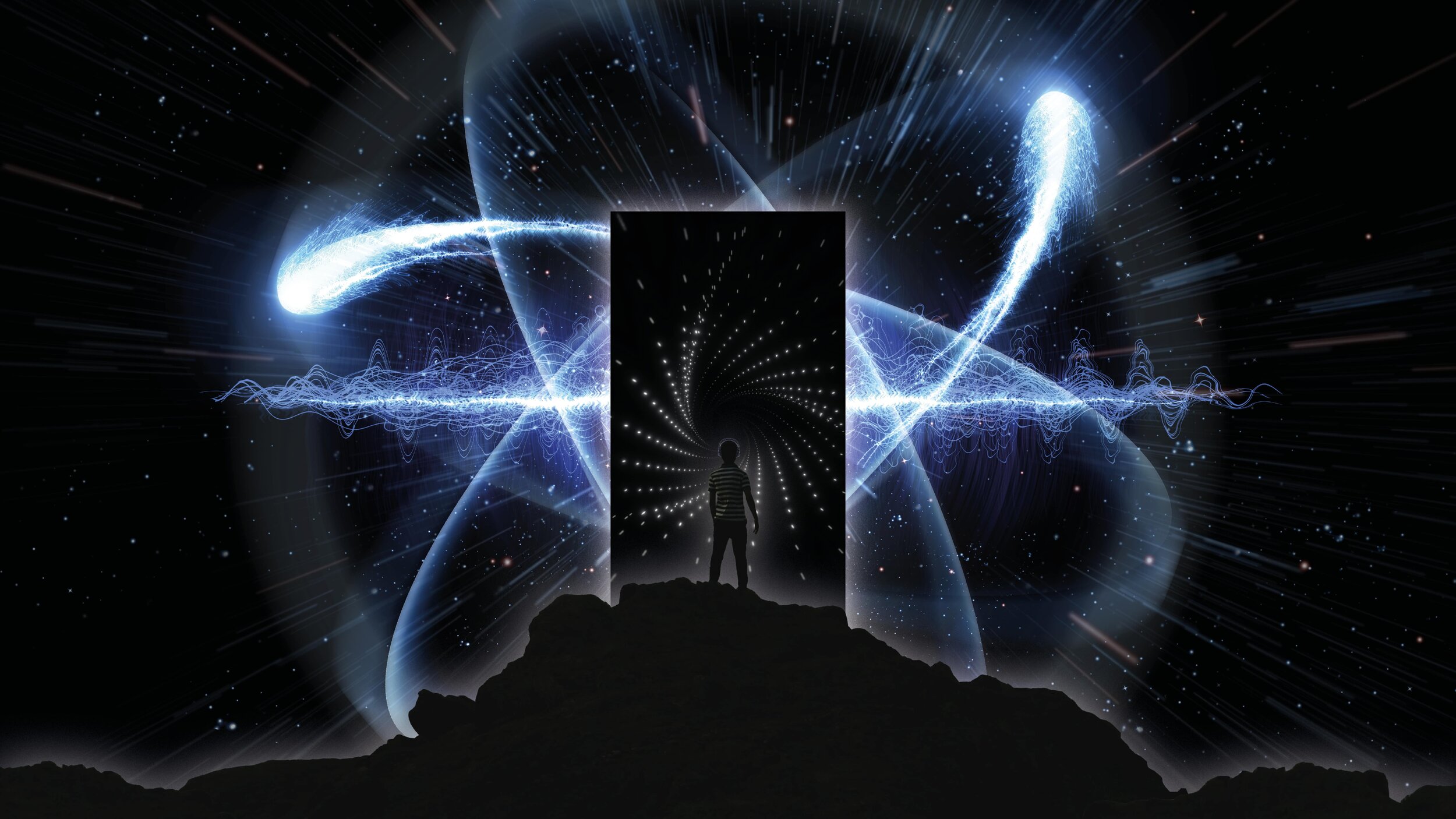An artist's impression of a scene from the monolith Audio Experience - The Heart of an Atom