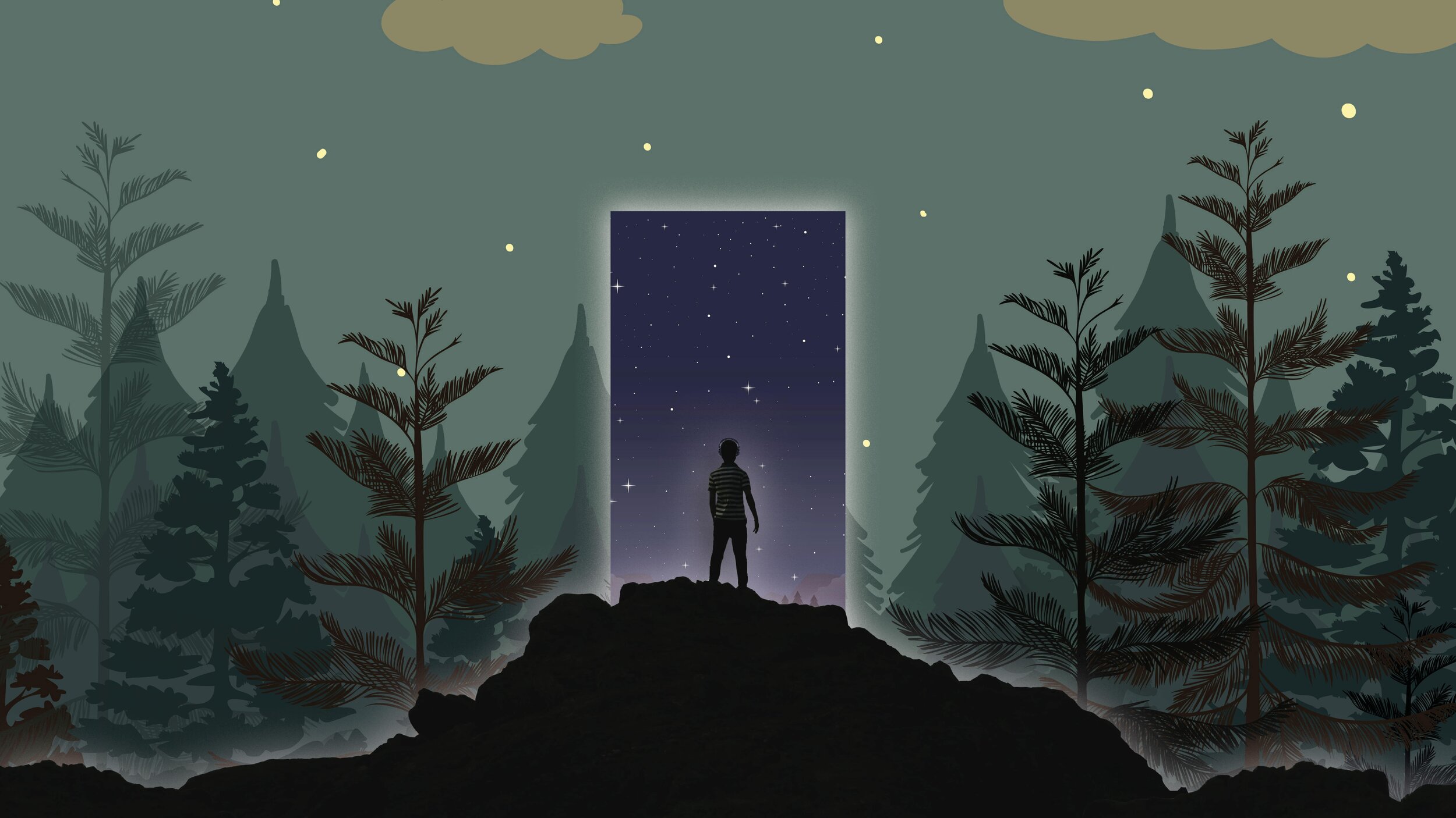 The back of a young person wearing headphones stands upon a rock. The horizon is a beautiful forest. Before them is a rectangular shape - the monolith. Within that we see the forest at night.