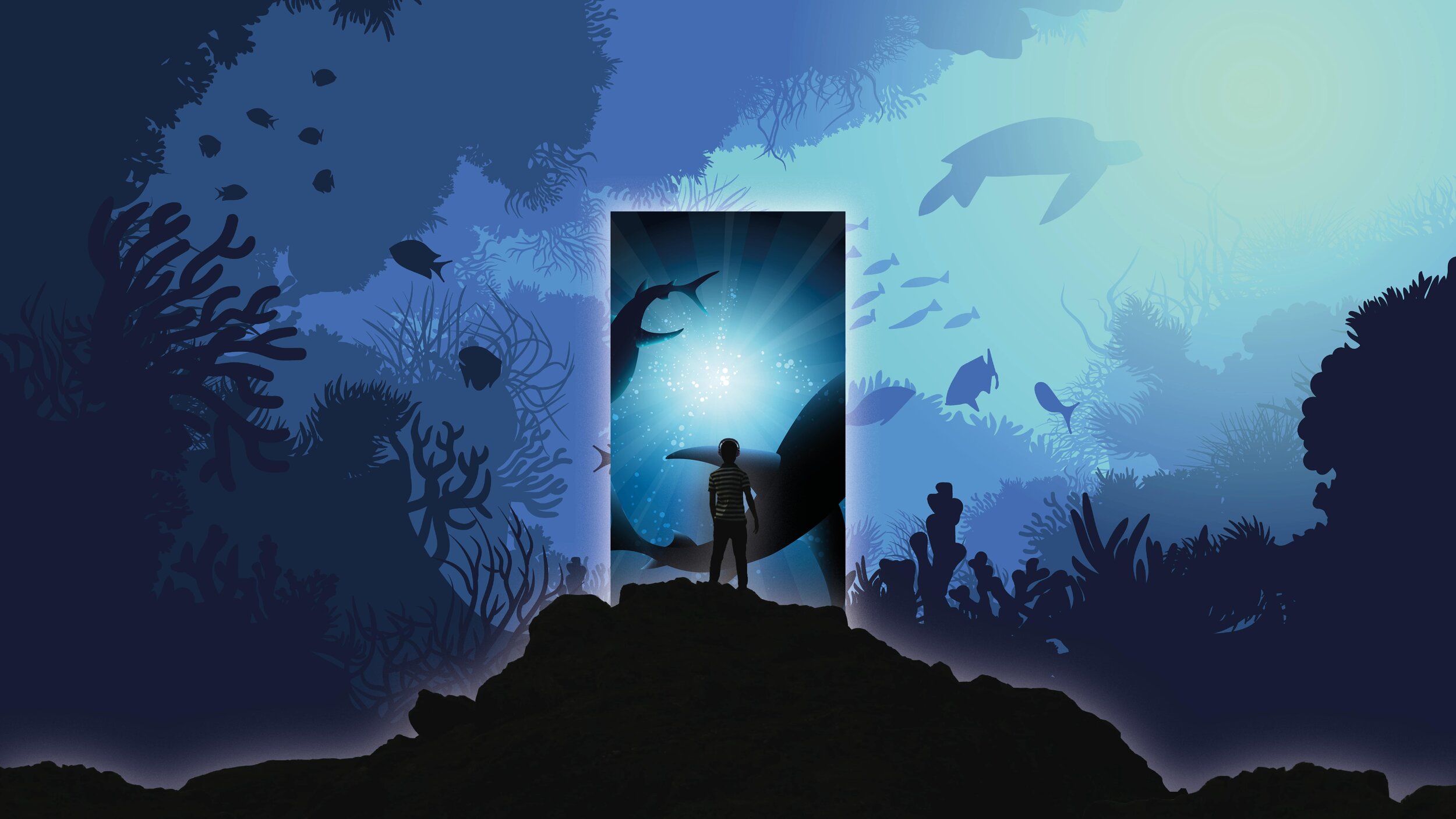 An artist's impression of a scene from the monolith Audio Experience - The Depths of the Ocean