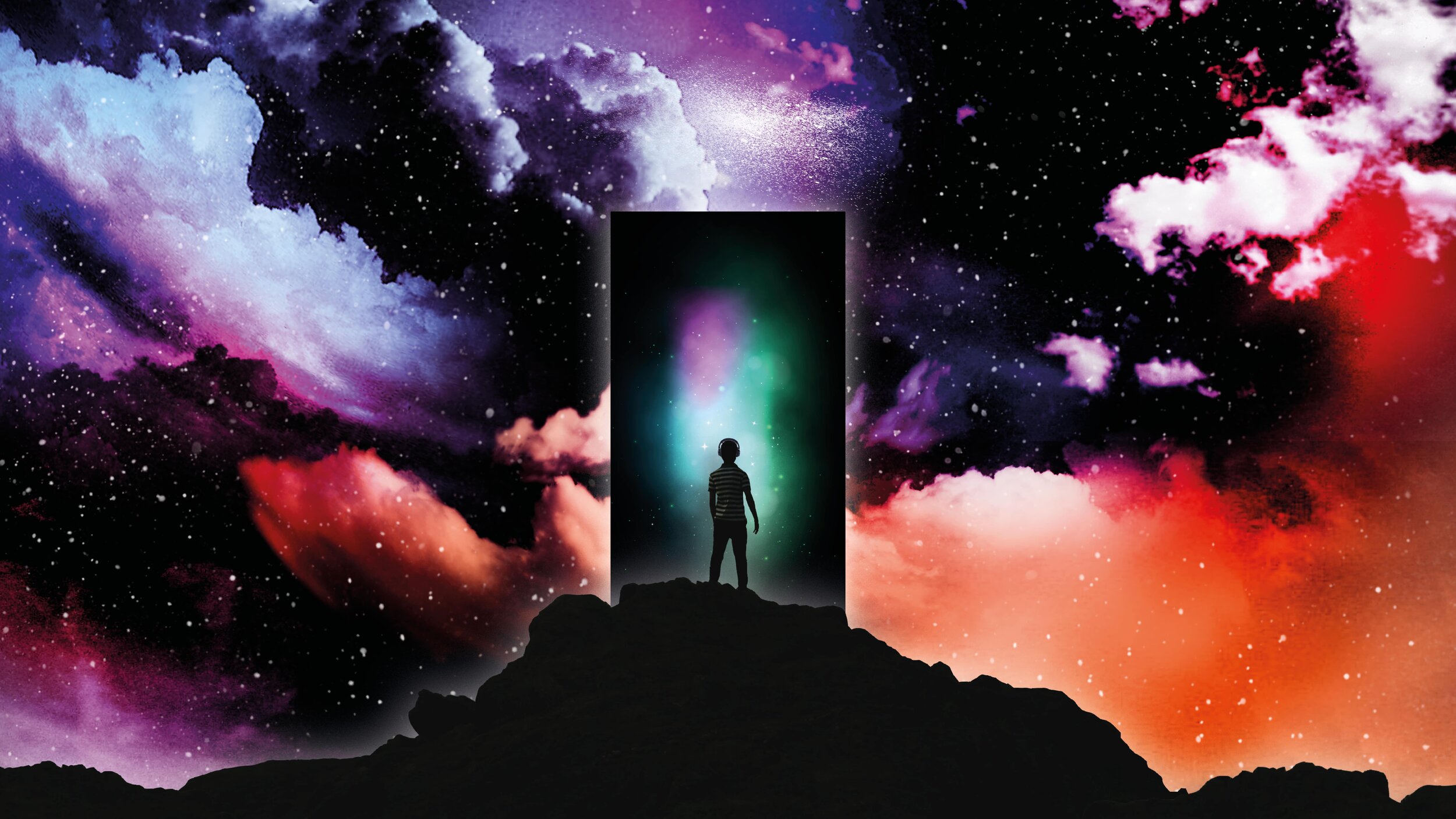 The back of a young person standing upon a rock. The horizon is a starry night sky with colourful clouds. Before them is a rectangular shape - the monolith. Within that we see the northern lights.