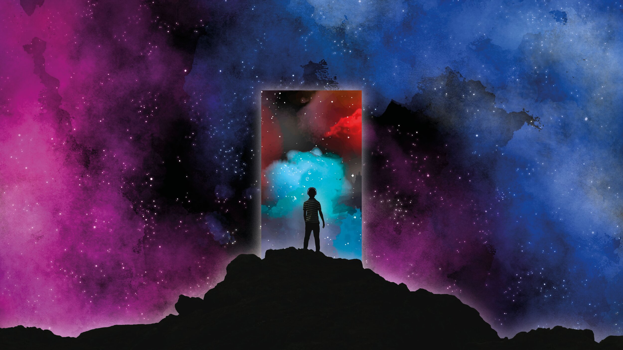 The back of a young person standing upon a rock. The horizon is a sky of colourful clouds. Before them is a rectangular shape - the monolith. Within that we see more clouds in more dynamic colours.