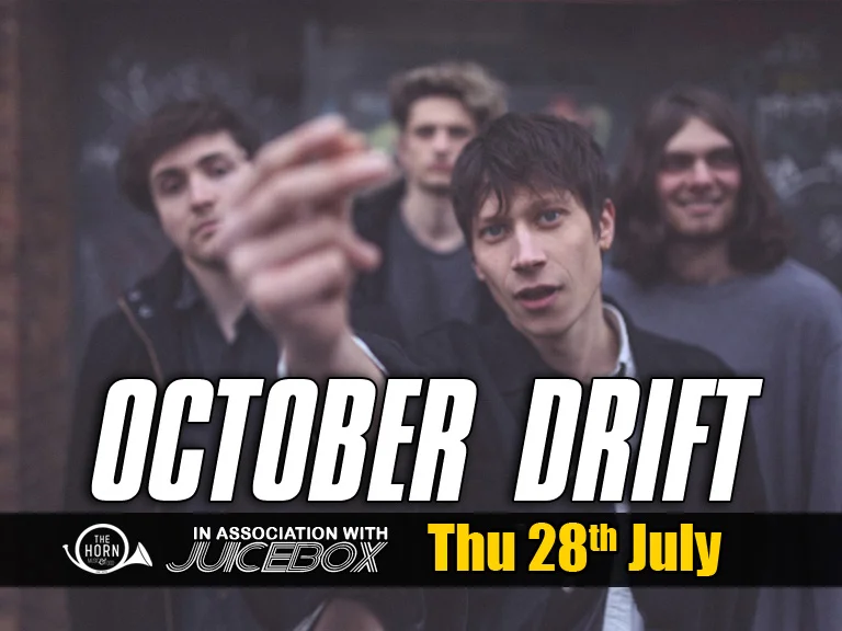 OCTOBER DRIFT ( https://www.facebook.com/octoberdrift ) ‘Selling out some of the best small venues in Britain thanks to a flourishing reputation for live shows’ – The Independent ‘Sugar coated power-rock’ – Q Magazine ‘Bellowing bluster of guitars and thumping instrumentation that should act as a vehement and fully-charged bridge in to wherever they might head next’ – Gold Flake Paint When October Drift appeared at the start of 2015 with their beefy yet melodic sound, they had the confidence to win over all audiences. Ever since then, from multiple sold out tours up and down the UK, to growing online hype around their sparse but eloquent releases, they’ve done just that, becoming a major success story on the independent circuit. Despite the early success of their incendiary debut singles – receiving support from Steve Lamacq, John Kennedy and Q magazine to name but a few - and string of sold-out gigs, this band still remain something of an enigma. October Drift’s music is similarly ambiguous, characterised by their signature wall of sound guitars, soaring, ponderous vocals and driving, urgent drums. And while staying independent and playing every town and city that will have you isn’t exactly the stylish thing to do in 2016, October Drift’s irresistible combination of feedback and harmonies deserves to shake every room in the country. The band have gained a reputation for delivering blistering, high-energy live shows. Indeed, their first tour sold out before even releasing their first single, such is the buzz around their live performances. With shows at BBC6 Music Festival, Dot to Dot, Tramlines and Camden Rocks already under their belts alongside a cult fan base spreading the word, and a focus too few peers in their position possess, the immediate future is very bright (and very loud). ‘Brooding, personally-etched song writing’ – Clash “A distinct lack of social media presence made sure early cuts were shrouded in a sense of mystique, serving only to heighten the growing buzz” - Line of Best Fit ‘A band we’re probably all going to know about very soon’ – Louder Than War Support from CONCRETE CAVERNS ( https://www.facebook.com/ConcreteCaverns ) LUNAR ( https://www.facebook.com/LUNAR.MUSIC.BAND )