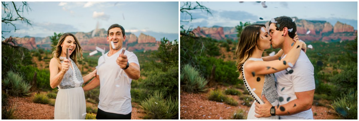  Summer Sedona Engagement Photos throwing confetti with Sedona Red Rock Mountains in the background. 