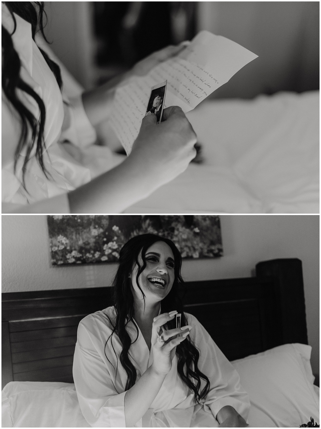 Bride reading a note from her husband before their outdoor ceremony.