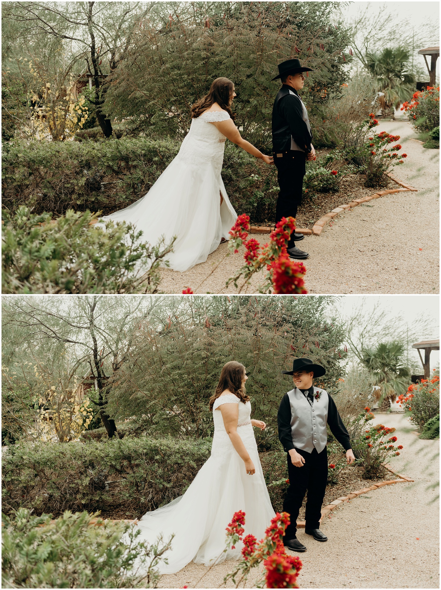 Cute and fun first look at the Windmill Winery before their Christmas themed wedding.