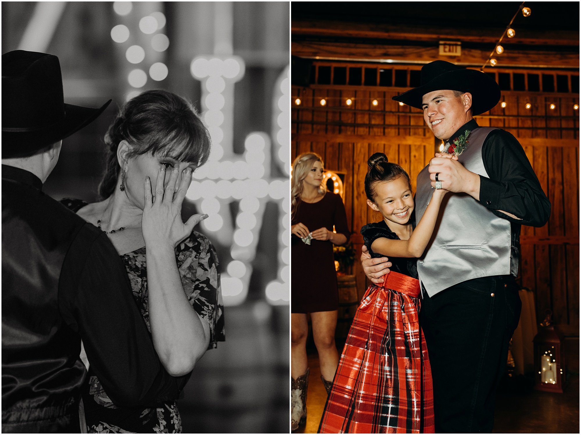 Groom has an emotional dance with his mother during a barn reception for a Country Christmas wedding.