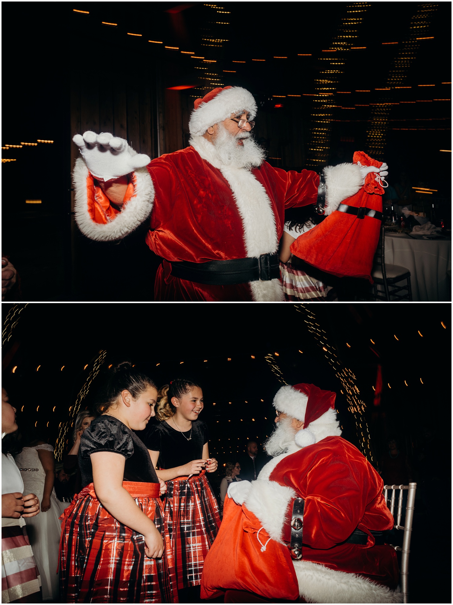 Santa Claus makes a surprise entrance during the reception for a Christmas Country Wedding in a Barn.