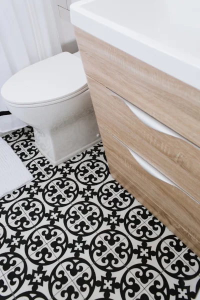 LiLi Cement Tile from Architectural Ceramics Contrasts with Fresca Milano Vanity (from Wayfair)