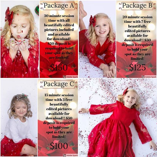 Ok here's the Christmas glitter and snow packages!!!! So much holiday cheer in just one session, the best part is if you have already booked a glitter shoot with me and you'd like to do these as well you get the 30 minute shoot for the price of the 1