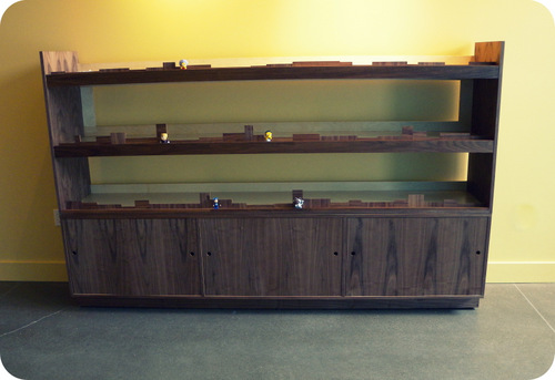 Walnut Blind box shelving unit for Screaming Sky Gallery