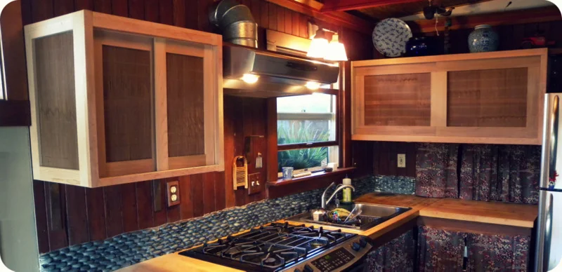 Cedar kitchen cabinets with sliding doors using Japanese antique shade