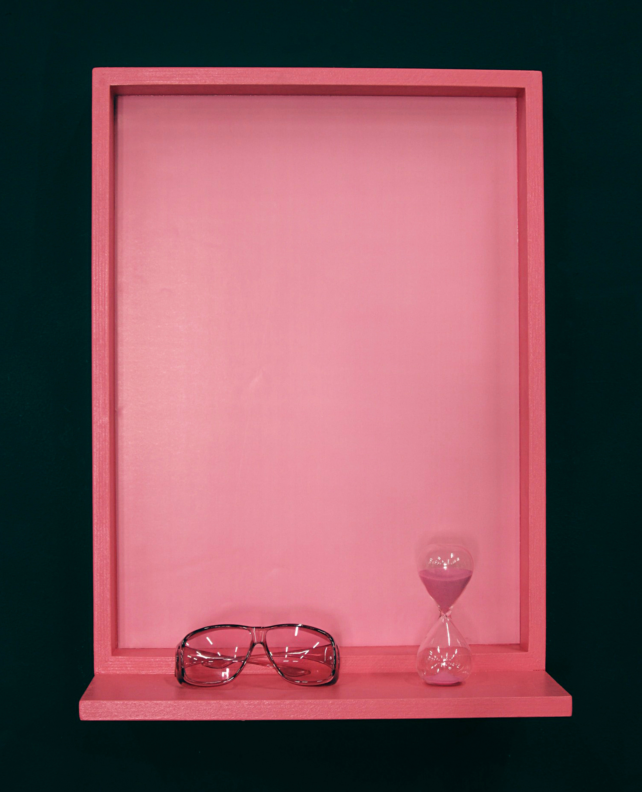   Appetite Apparatus #1 (Baker-Miller Pink, Suppressant)  2011 Wood, paint, color poster, Baker-Miller Pink color therapy glasses, 15 minute sand timer 18X24 inches, duration 15 minutes 