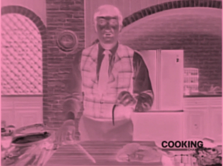   Cooking Shows  2013 (video still) digital video with Baker-Miller Pink filter, duration 1:57 hours (loop) 